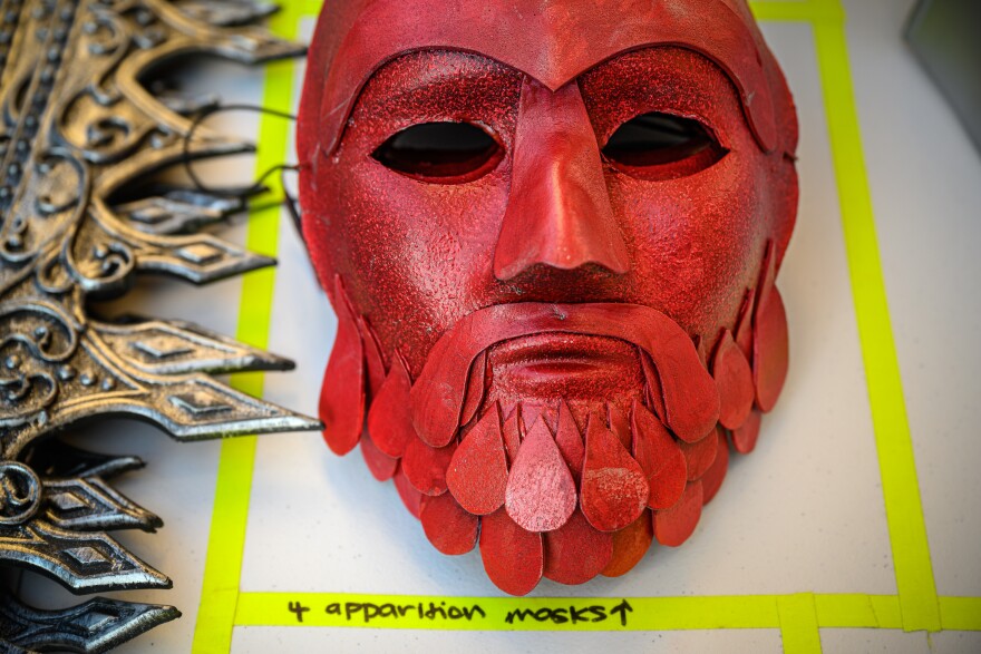 An apparition mask rests backstage during a summer evening production of Macbeth by the Capital Classics Theater Company at Saint Joseph University in West Hartford, Ct.