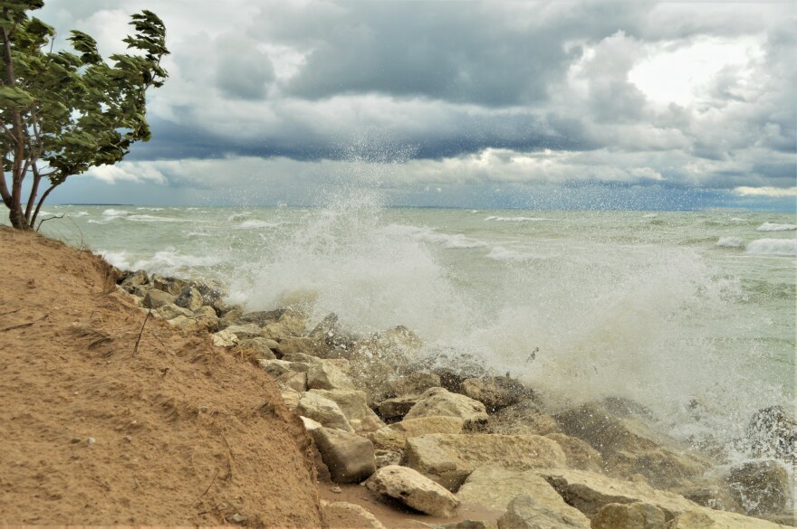  Lake Michigan waves crash against a shoreline in the Upper Peninsula of Michigan.