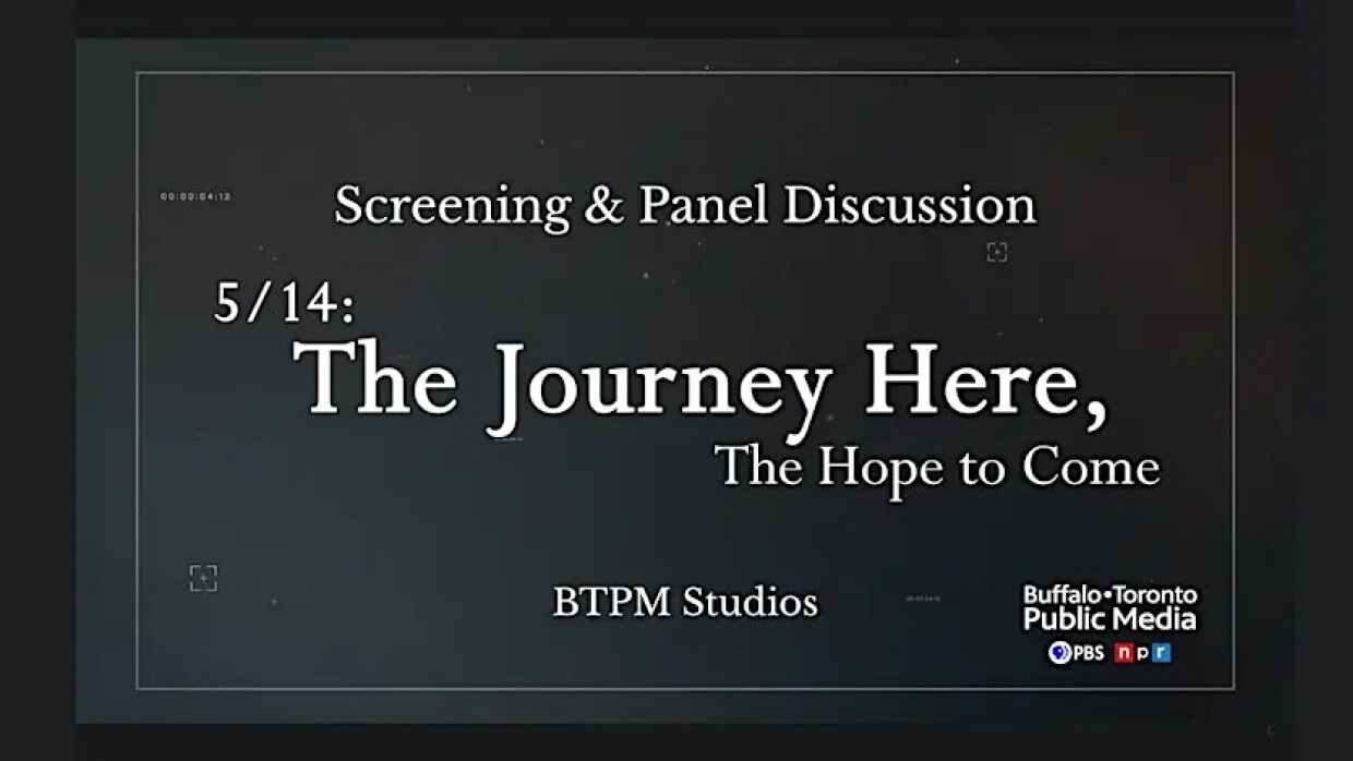 graphic that says "Screening & Panel Discussion 5/14: The Journey Here, The Hope to Come BTPM Studios" with a white BTPM logo in the bottom right corner