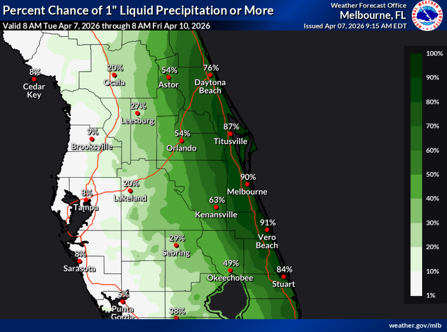 National Weather Service of Melbourne forecasts heavy rain on the Treasure Coast today and into Thursday