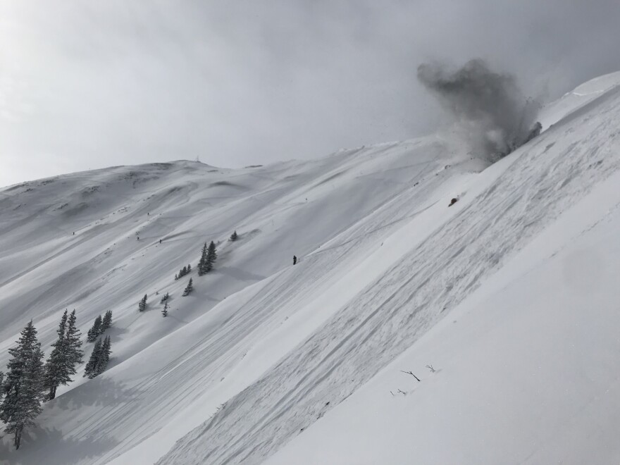 Ski patrollers at Aspen Highlands perform avalanche mitigation work in Highland Bowl on Jan. 18, 2018.