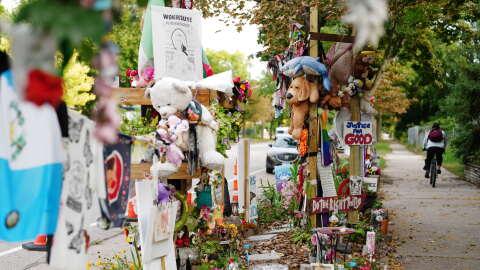A memorial for Renee Good, who was killed by federal agents in Minneapolis in January, remains in place at the site of her death, Thursday, Oct. 1, 2026, in Minneapolis. 