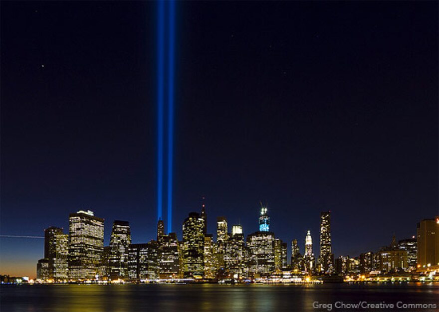 Two beams of light over New York City during the 9/11 memorial in 2012.