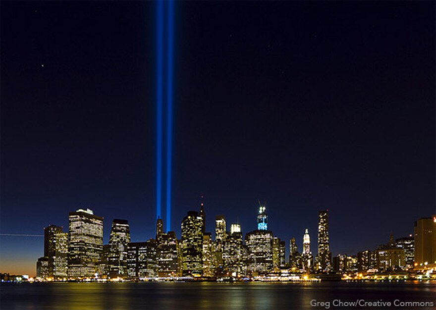 Two beams of light over New York City during the 9/11 memorial in 2012.