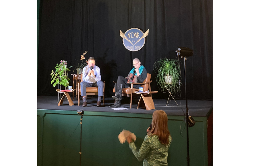 Kirk Siegler (left) and Amy Hadden Marsh (right) listen to an audience question in the Crystal Theatre.