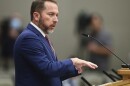 Rep. Jason Shoaf, R-Port St. Joe discusses his House Bill 13B – Eastpoint Water and Sewer District, Franklin County in the State Affairs Committee meeting on Wednesday, Feb. 8, 2023, at the Capitol in Tallahassee, Fla. (AP Photo/Phil Sears)