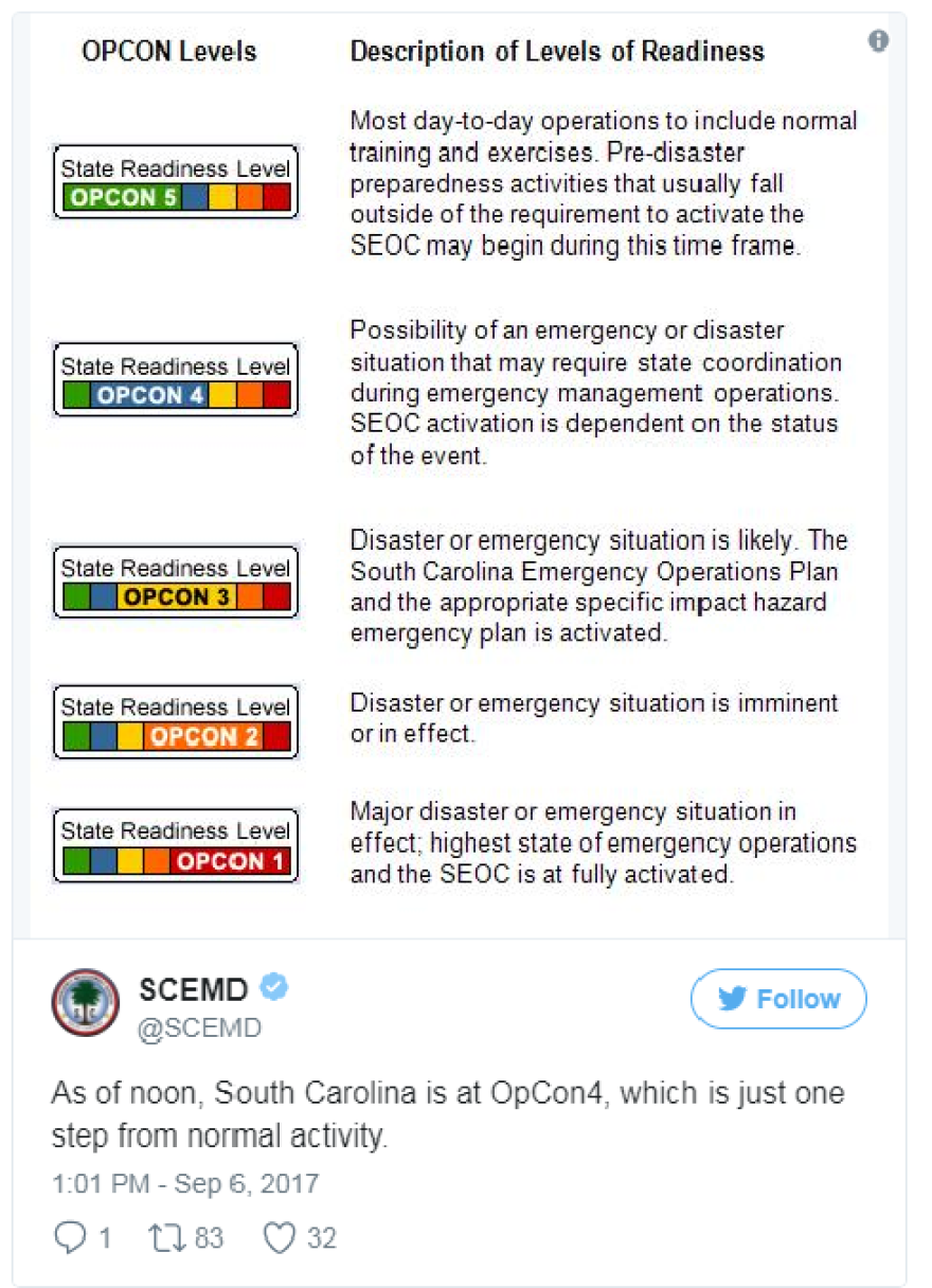 As of noon, South Carolina is at OpCon4, which is just one step from normal activity.