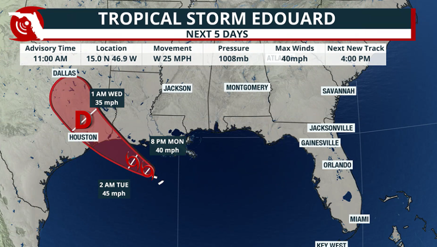 Forecast cone for Tropical Storm Edouard on September 1, 2026. 