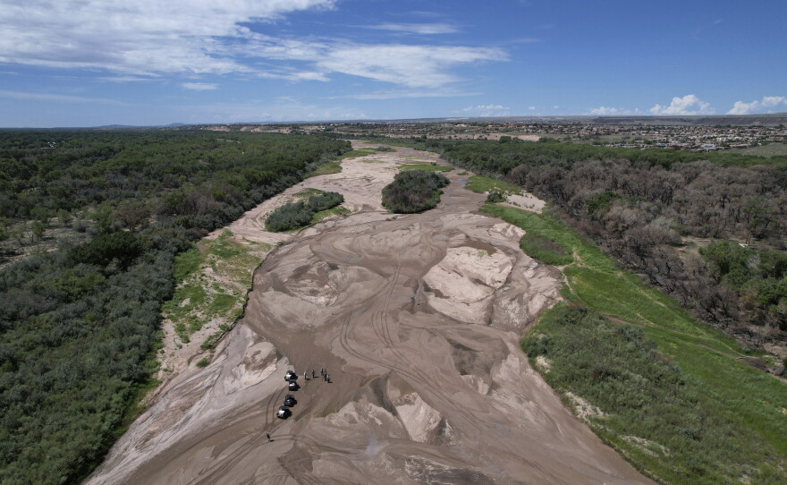 Fish biologists work to rescue the endangered silvery minnows from pools of water in the dry Rio Grande riverbed Tuesday, July 26, 2022, in Albuquerque, N.M. For the first time in four decades, the river went dry and habitat for the endangered silvery minnow — a shimmery, pinky-sized native fish — went with it. (AP Photo/Brittany Peterson)