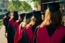 A staggered line of women in graduation robes and hats, facing away from the camera.