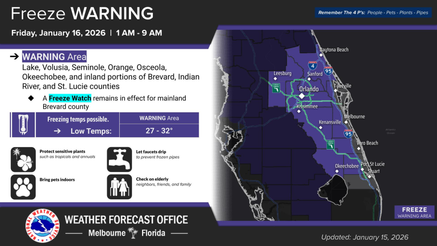 Graphic from the National Weather Service of Melbourne shows a freeze warning across the east coast