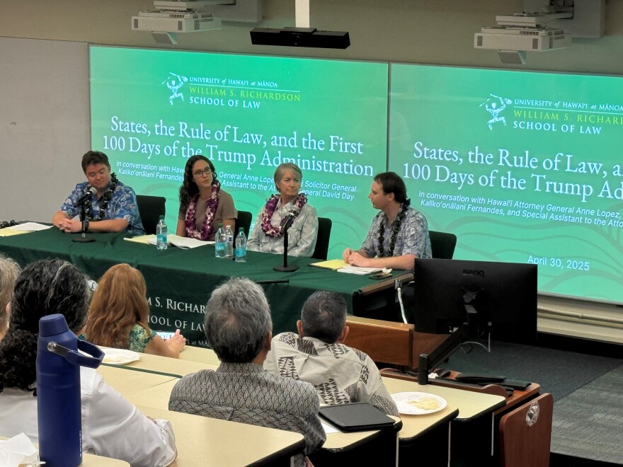 Attorney General Anne Lopez with two of her deputies at a University of Hawaiʻi William S Richardson School of Law forum on April 30, 2025.