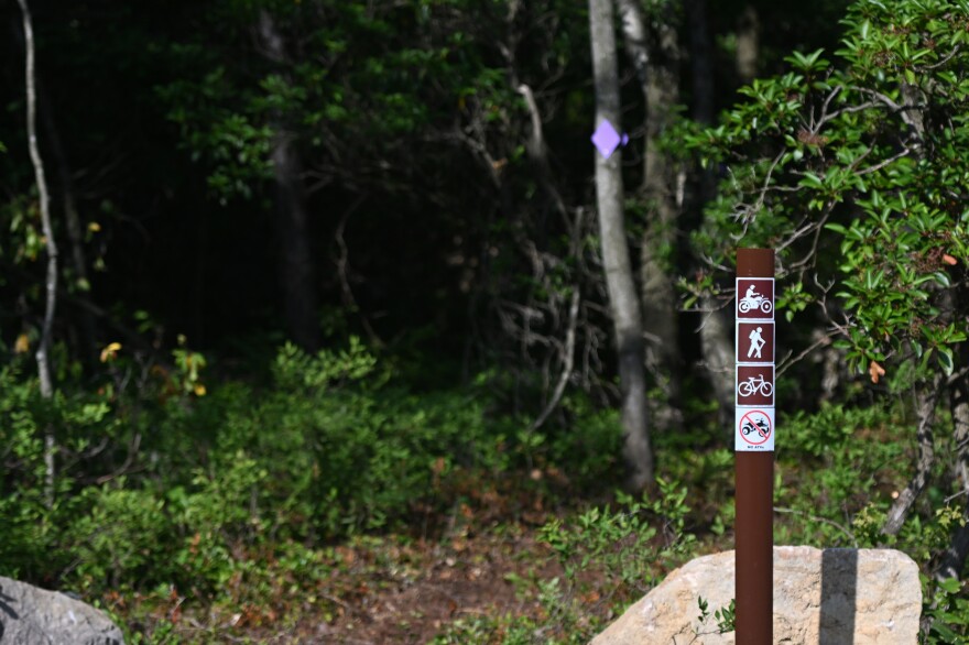 A trailhead signs marks the entrance to the Catawissa Recreation Area’s southern portion single-track riding trail. 