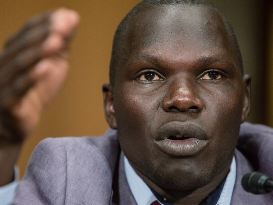 Jacob Acaye, a former Lords Resistance Army abductee whose story was highlighted in the recent KONY 2012 video produced by the charity Invisible Children, testifies during a Senate Foreign Relations Committee African Affairs hearing on Capitol Hill on April 24, 2012 in Washington, D.C.