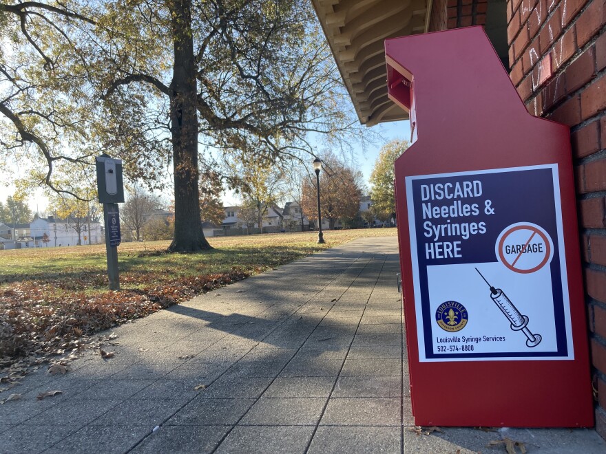 A safe syringe disposal box in Shelby Park on November 22, 2022. 