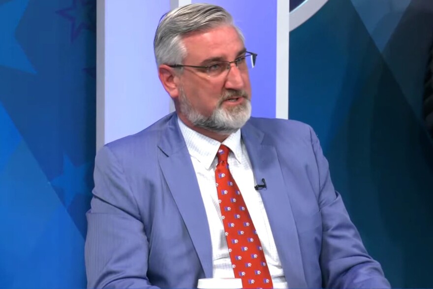 Gov. Eric Holcomb speaks at a White House event with President Biden to promote passage of legislation to manufacture semiconductors in the U.S. (Screenshot of White House livestream)