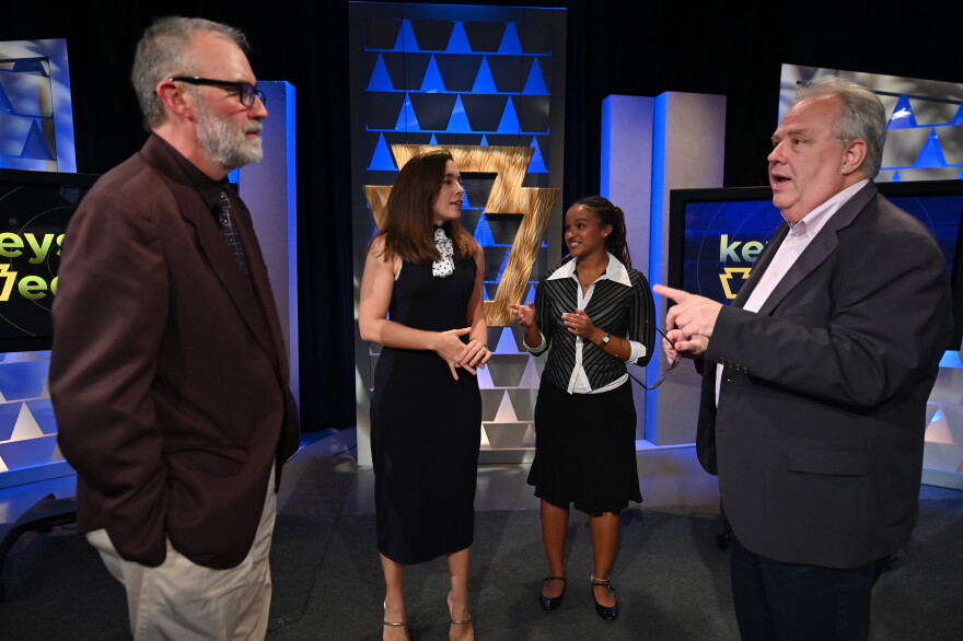 Panelists from the October episode of Keystone Edition: Battleground Pennsylvania: Midterm Election 2026 mingle after the show's taping. From left, WVIA's Borys Krawczeniuk, Britt Crampsie, WVIA's Lydia McFarlane and Chris Nicholas.