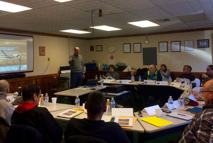 Eric Taylor with the USFWS Division of Migratory Bird Management addresses the AVCP Waterfowl Conservation Committee on March 20, 2017 on the coming Emperor Goose hunt.