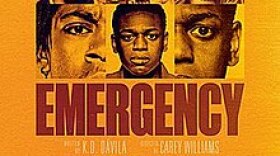 A poster for the film "Emergency." It features nine faces or parts of faces.