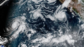 A satellite image shows from left to right, Hurricane Lowell, Tropical Storm Karina and Hurricane Marie in the Pacific on Sunday morning, Sept. 6, 2026.