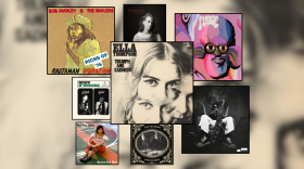 Artwork for four albums and four singles displayed in black square frames.
