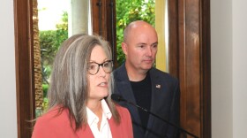 Arizona Gov. Katie Hobbs and Spencer Cox, her Utah counterpart, answer questions Thursday, Nov. 20, 2025 in Paradise Valley, Ariz. about pending issues, including the disagreement between the states on how to deal with a shortage of Colorado River water.