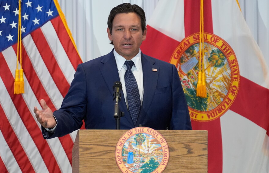 FILE - Florida Gov. Ron DeSantis speaks during a news conference Aug. 12, 2025, in Tampa, Fla.