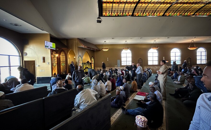 Uncommitted Minnesota’s Jaylani Hussein spoke to people at the Karmel Masjid in Minneapolis on Friday.