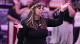 Amy McFarland, who is directing the World Cup events for the Puyallup Tribe of Indians, during Coastal Protocol. This is a traditional cultural exchange of song, dance, and often gift-giving among Indigenous nations. The Puyallup Tribe hosted this to welcome visitors to the region to witness and learn about their culture and heritage while Seattle hosts matches for the World Cup.
