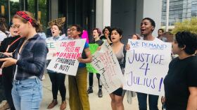 Protesters gather at the Franklin County Courthouse on May 9, 2019, to protest charges against teenager Masonique Saunders.