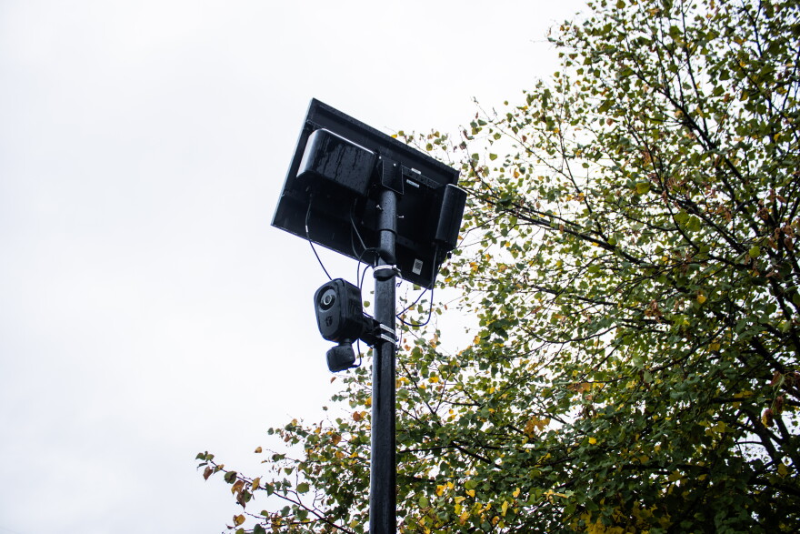 A Flock camera sits at the enter/exit road just before Towers Circle in Cape Girardeau, Mo., Oct. 2, 2026.