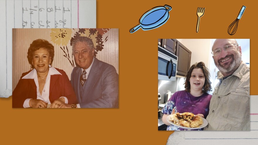 Left: A family photo of Alan Mishell's grandparents, Florence and Sam Mishell. Right: Alan and his son, Sander Scharff, holding bubaleh they prepared together.
