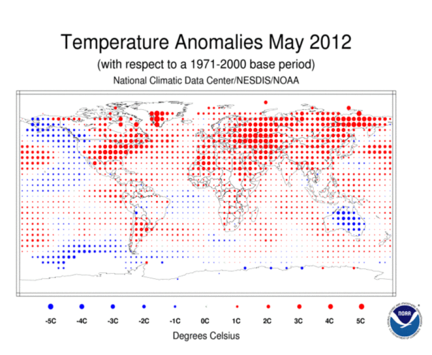 A map showing above and below average temperatures around the world in May.