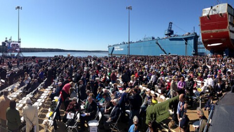 A crowd gathered at the christening of the new US Navy Destroyer Zumwalt at the BIW shipyard in Bath on April 12, 2014. (File)