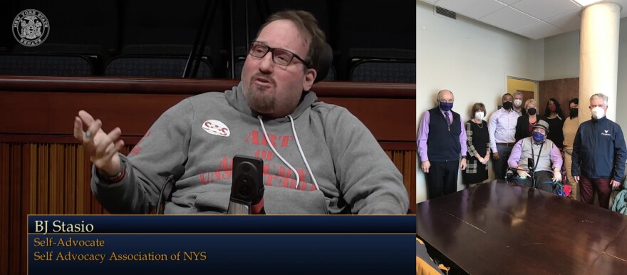 On the left is a screen capture of BJ Stasio testifying at a State Senate hearing in September 2021, which prompted him to start the "RISE UP" campaign. On the right is an image of Stasio (center, wearing a grey hat, grey vest, pink shirt, and blue mask) during a meeting with Governor Kathy Hochul's local chief of staff and other local leaders in disability advocacy.