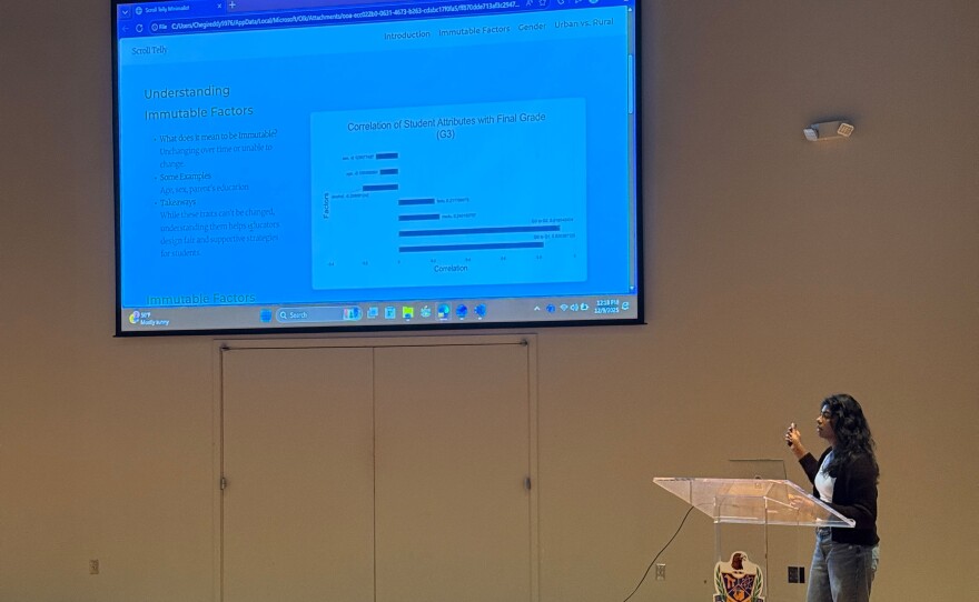 Anika Chegireddy, '26 of Monroe, presents her findings from her final project.