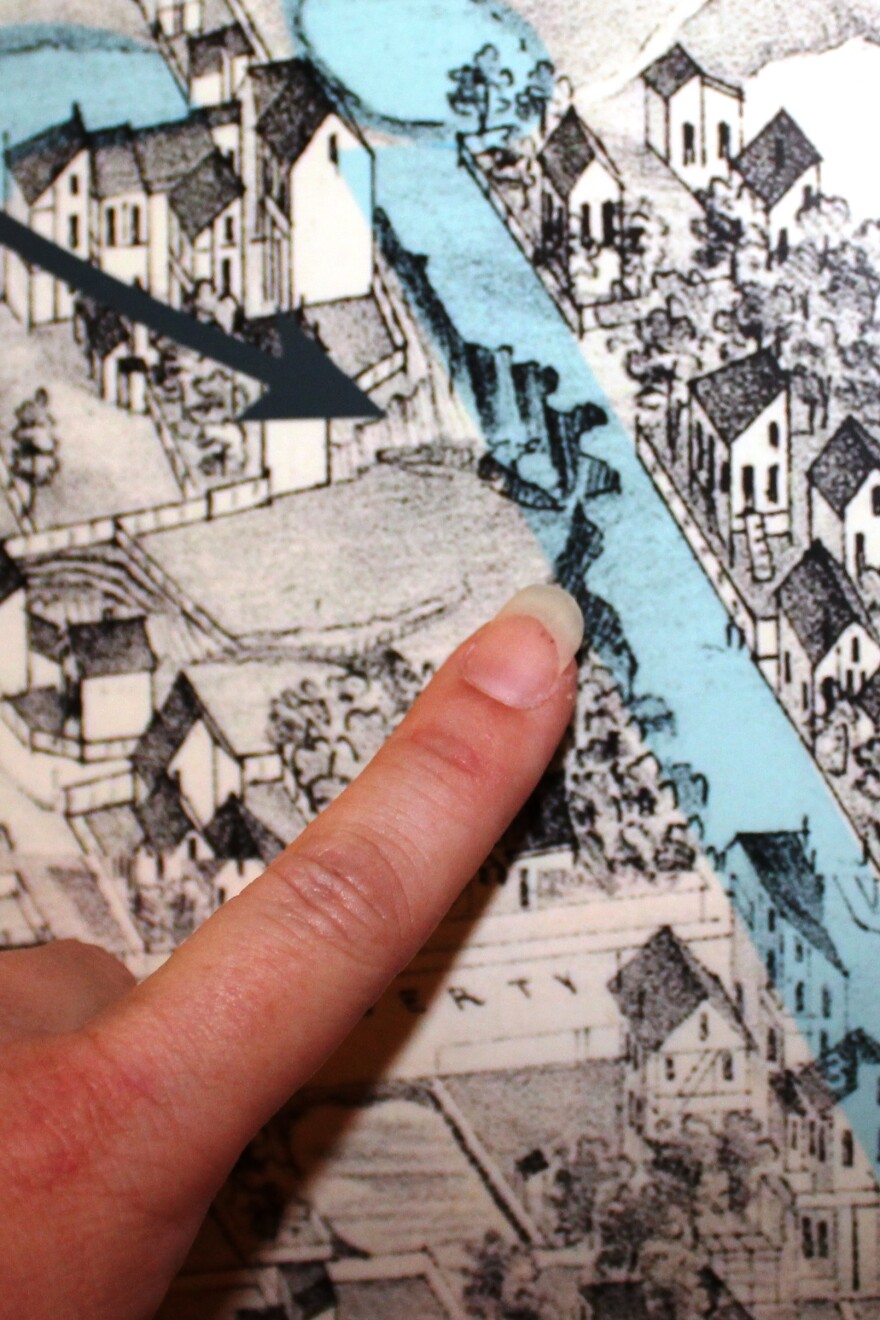 Slightly higher and to the right of resident Alexis Forman's finger is her flounder home pictured on Compton and Dry's Pictorial St. Louis atlas of 1875.