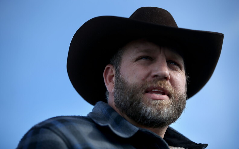 Ammon Bundy speaks to the media in front of the Malheur National Wildlife Refuge Headquarters on Jan. 6 near Burns, Ore.