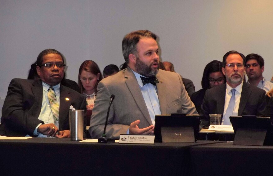 Council member Larken Egleston speaks during Monday's city council dinner meeting. 