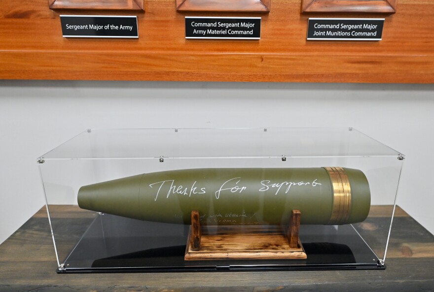 Ukrainian President Volodymyr Zelenskyy signed a shell after visiting the Scranton Army Ammunition Plant in September.