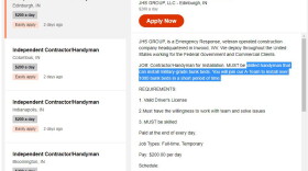 Job listings on Indeed.com the morning of Aug. 27 for an "independent contractor/handyman" to install bunk beds over a short period of time. The listing now says the construction will be a months-long project for a ranch in southern Indiana.