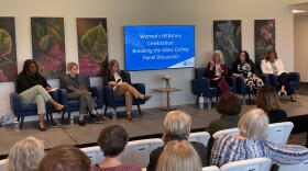Participants in a women's panel discussion at Angel Mounds, Mar. 14, 2026 (L-to-R) Evansville Mayor Stephanie Terry, Indiana State Museum and Historic Sites Pres. and CEO Cathy Feree, EVSC Superintendent Dr. Darla Hoover, Evansville City Councilor Mary Allen (with microphone), Vanderburgh County Prosecutor Diana Moers, and Vanderburgh County Councilor Jill Hahn