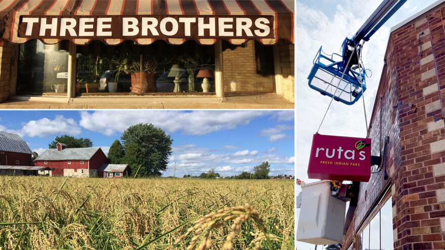 (Clockwise from top left) The awning at Three Brothers, Ruta's new sign in West Allis and Red Stone Rice in Mequon.