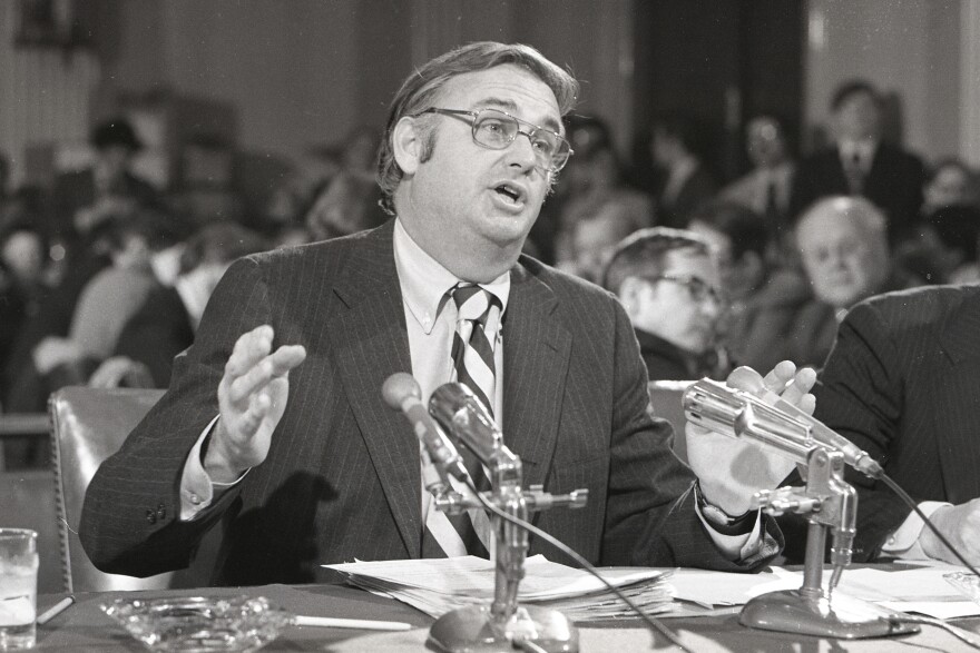 FILE - Sen. Lowell Weicker, R-Conn., tells a Senate subcommittee on April 8, 1974, in Washington, DC, that a secret task force to compile intelligence reports on President Nixon's political enemies was set up inside the Internal Revenue Service within months of Nixon becoming president. Weicker, a Republican U.S. senator who tussled with his own party during the Watergate hearings, championed legislation to protect people with disabilities and later was elected Connecticut governor as an independent, died Wednesday, June 28, 2023, at a hospital in Middletown, Conn., after a short illness. He was 92.