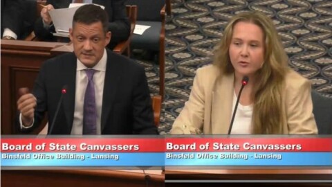 Left: Kevin Kijewski, attorney for Antrim County Clerk Victoria Bishop. Right: Ashley Areeda, Antrim County resident who submitted a petition to recall Bishop. (Images Courtesy Michigan Senate TV )