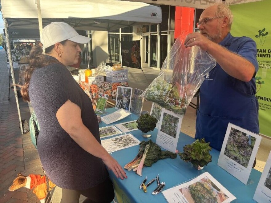 Patrick Gruninger answers questions at Alachua’s San Felasco Market in November 2025. Most farmers truck their produce in from the fields, but Gruninger’s farm sits just several hundred feet away.