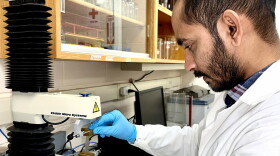 A researcher wearing a lab coat and blue gloves works with testing equipment.