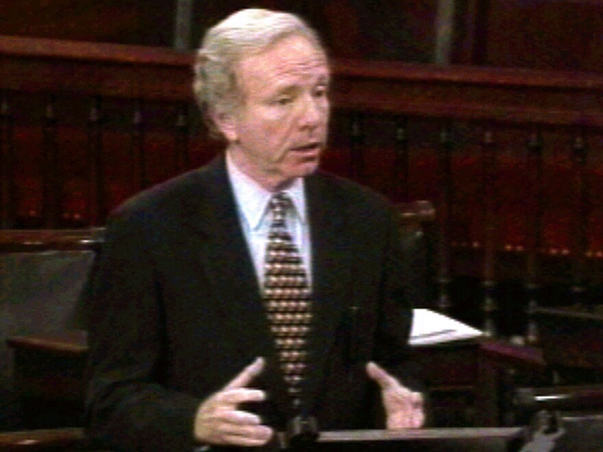 Sen. Joe Lieberman, D-Conn., gives a Senate floor speech criticizing President Clinton in September 1998 for the Lewinsky scandal — while Clinton was overseas, in Ireland.