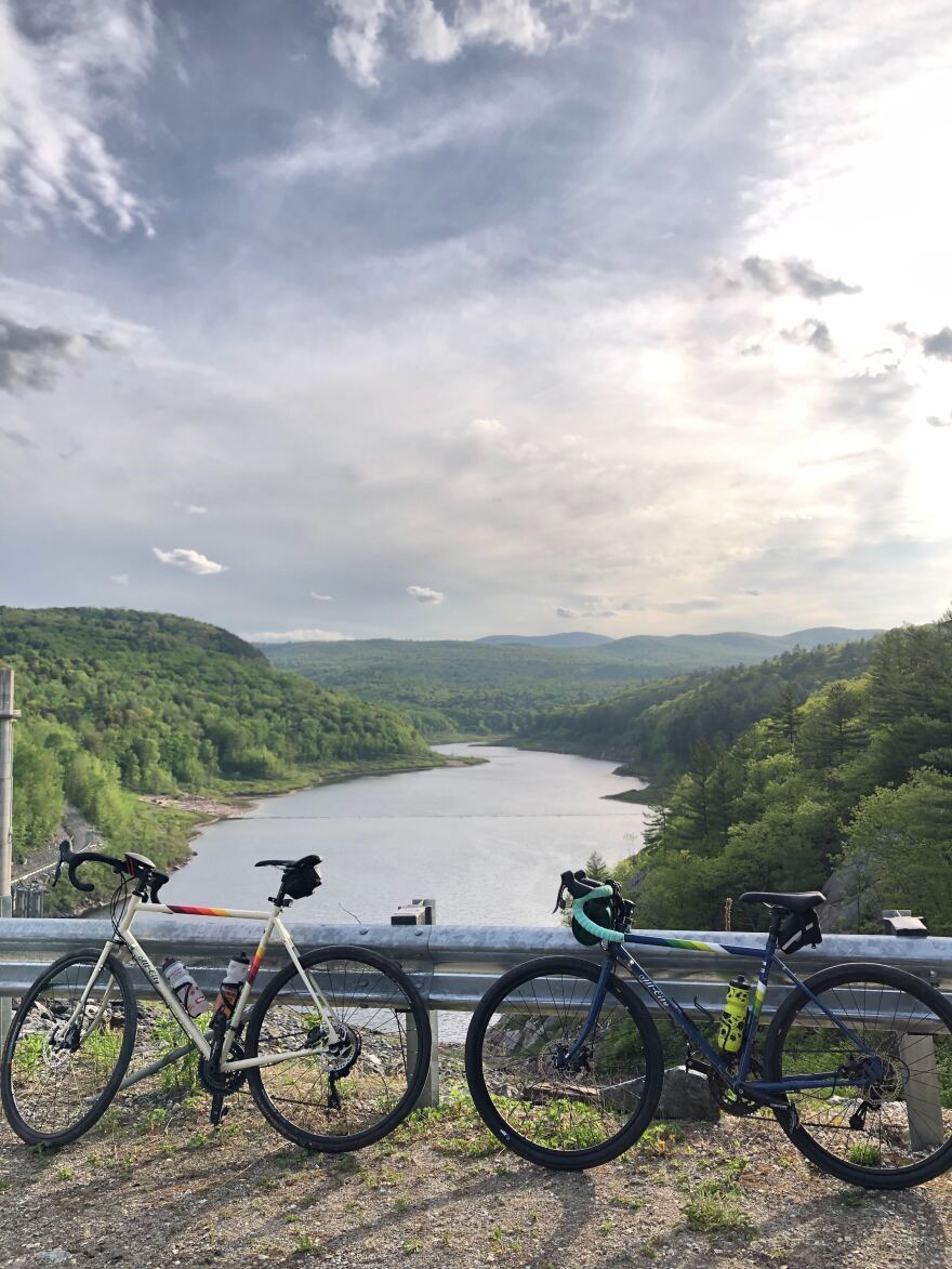 two bicyles leaning against a railing overlooking a body of water with forest on either side