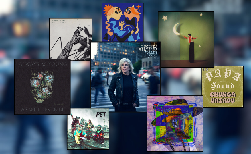 A collage of artwork for 8 album and single releases over a blurred background. There is a black and white image of a grasshopper, an artistic drawing of two faces pointed at each other, a man on stilts pointing to a moon, a pea green image with what looks like a blurred vinyl in the middle, an artistic drawing based on a photograph of a man's profile, a woman pictured in the middle of the image in a leather jacket, four women dressed as clowns, and a drawing of a bouquet of flowers.